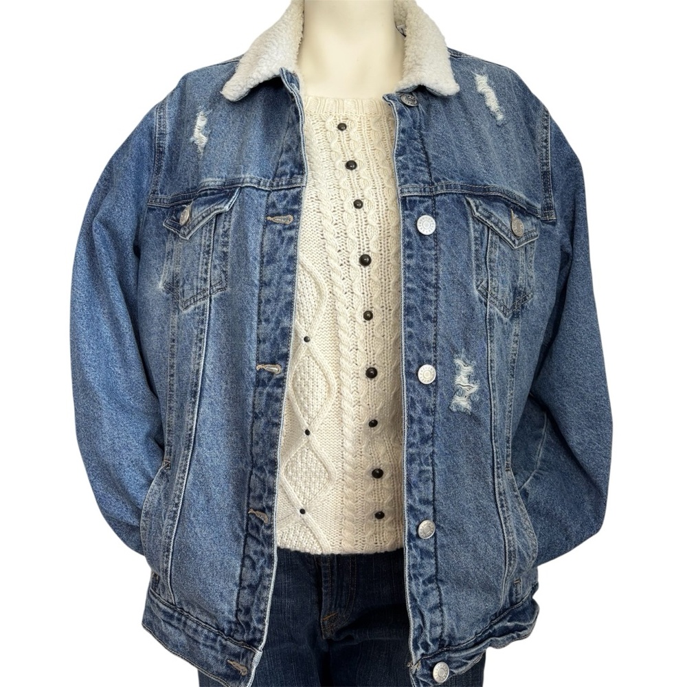 Refuge denim distressed fur jean jacket
